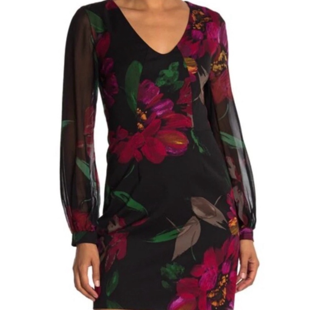 Trina Turk US 4 Gibb Silk Paint Brushstroke Floral Sheer Red Fuchsia EUC (189)